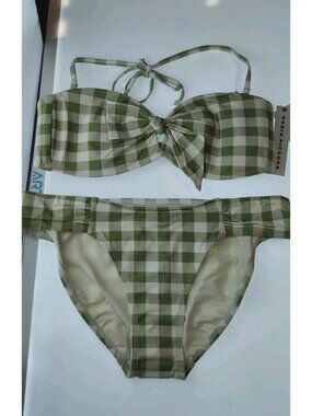 Robin Piccone Jemma Gingham Bandeau Bikini Set Size M Green White NWT